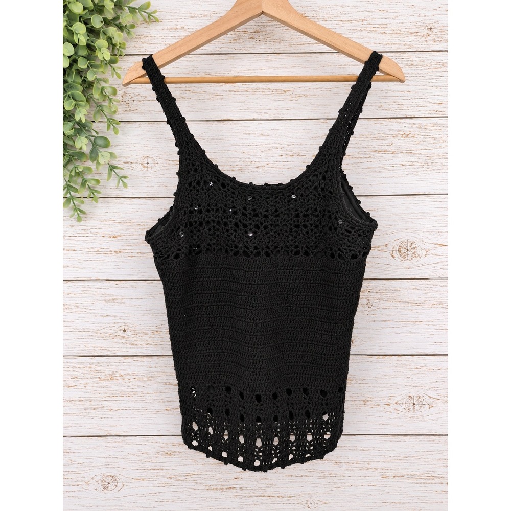 CDP & CO. Tank Top Womens Size M Black Crochet Sequin Lined Boho